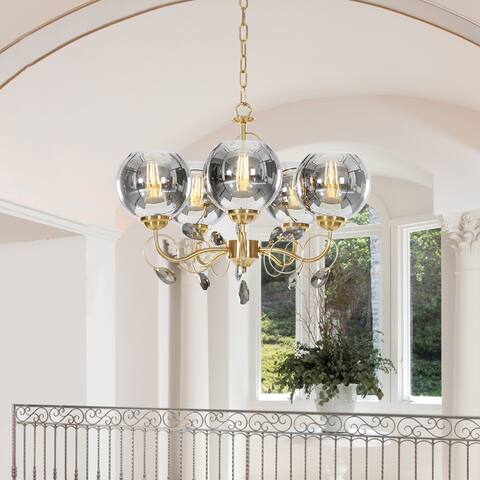 5-Light Modern Gold Chandelier with Smoke Gray Glass Globe Shade and Prisms Teardrop Crystal Accents