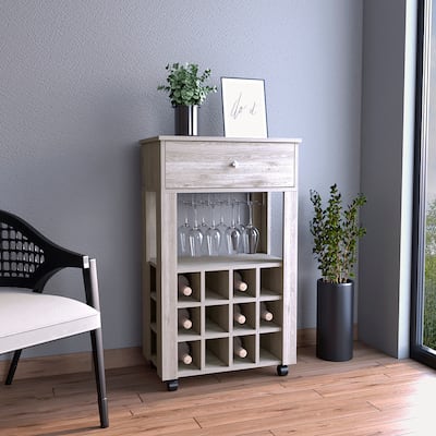 Memphis Bar cart, Twelve Built-in Wine Rack, Four Legs, One Open Shelf -Light Gray