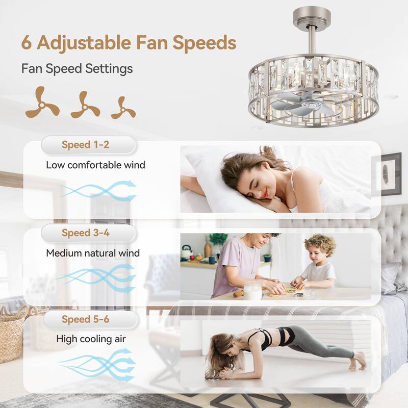 20" Satin Nickel ABS 7-Blade Caged Ceiling Fan with Light and Remote