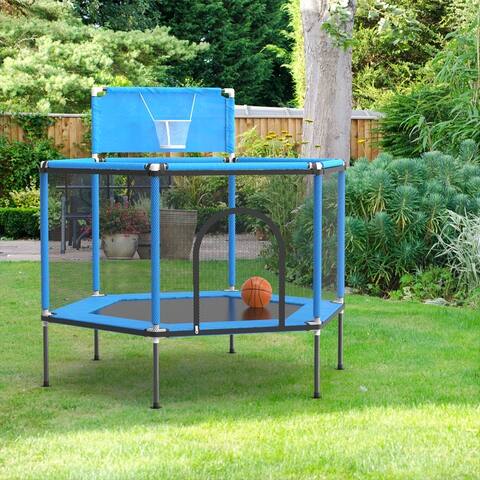 61.8" Kids Trampoline with Satey Enclosure & Basketball Hoop