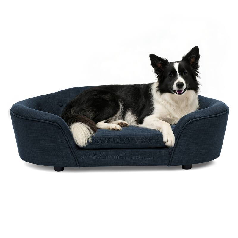 Oval Semi-Enclosed Dog Sofa, Durable Linen Material, Button-Tufted Backrest, High-Center Low-Sides Support Plush Comfort-Beige