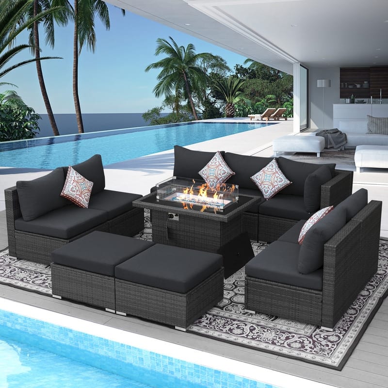 FINCATI 10-piece High Back Oversized Patio Furniture Conversation Set Outdoor Sectional Sofa with Fire Pit Table