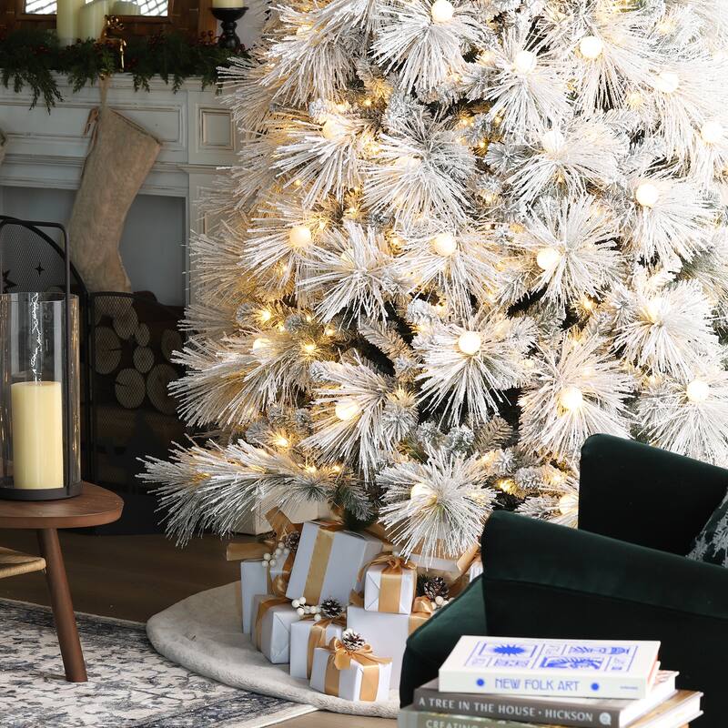 Glitzhome 7.5FT/9FT Pre-Lit Flocked Full Snowy Globe Pine Artificial Christmas Tree with Foot Switch