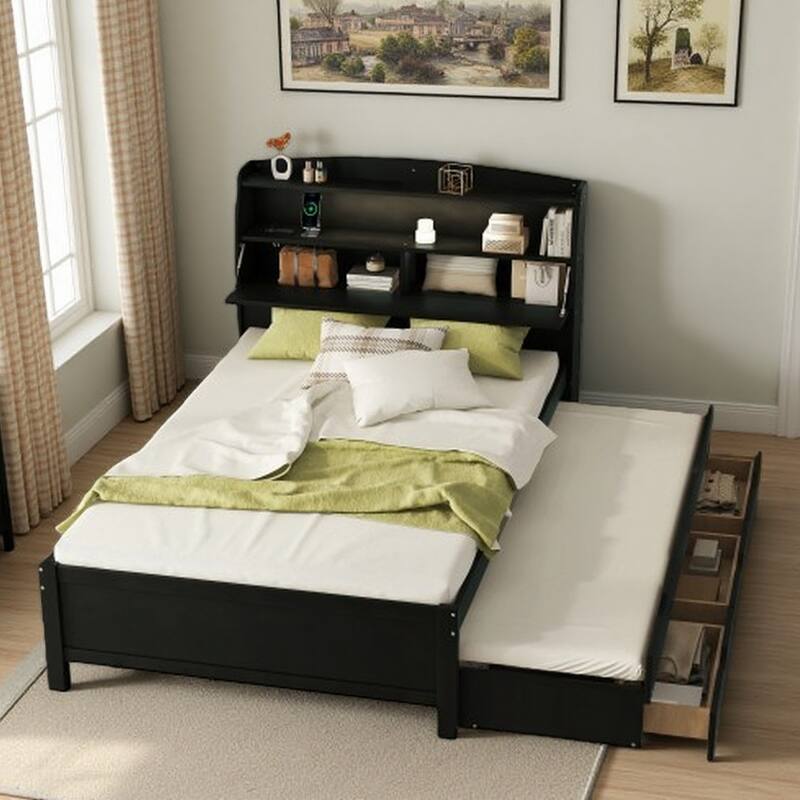 Full Platform Bed with Pull-Out Trundle, LED Headboard Lighting, USB Charging Ports, Flip-Up Storage, and Under-Bed Drawers