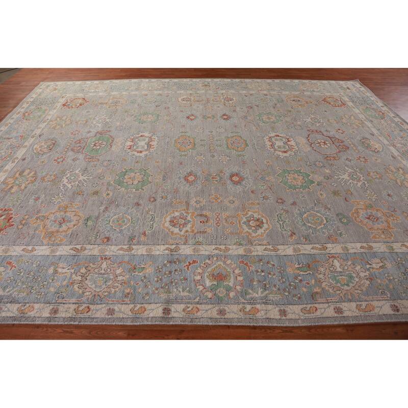 Hand Knotted Oriental 100% Wool Carpet Transitional All-Over Greys & Charcoal Oushak Area Rug - 13' 4'' X 9' 11''