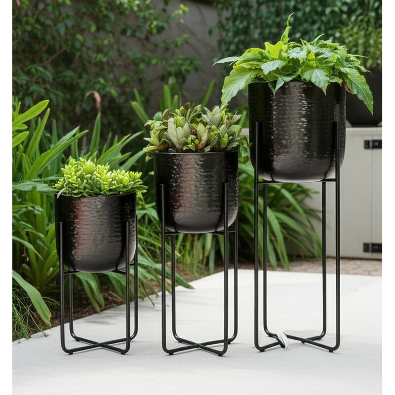 Metal Planters Hammered Design Modern Geometric Stands (Set of 3) - Black - 9.75" x 9.75" x 27"