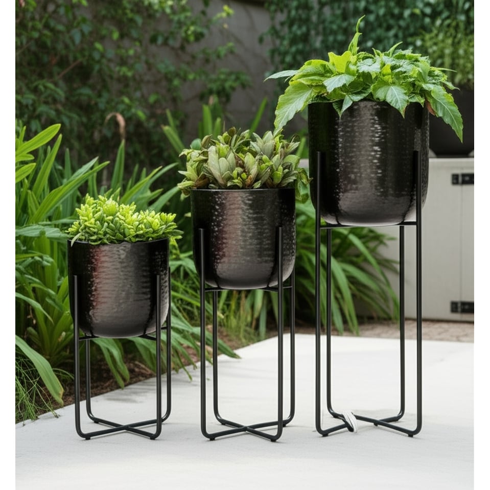 Metal Planters Hammered Design Modern Geometric Stands (Set of 3)