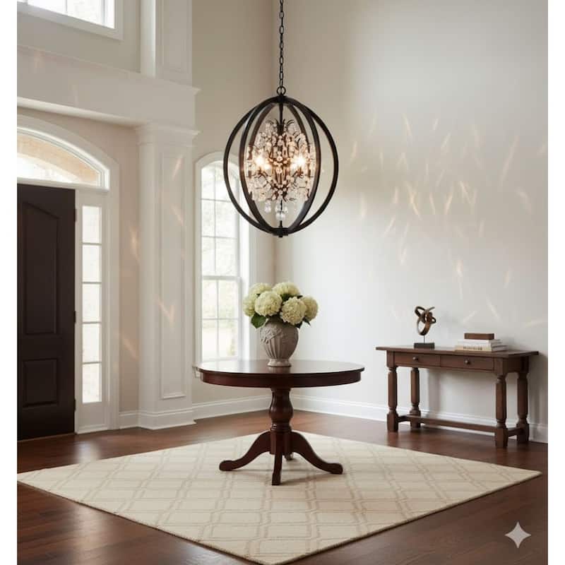 4-Light Matte Black Cage Chandelier With Clear Beaded Crystals