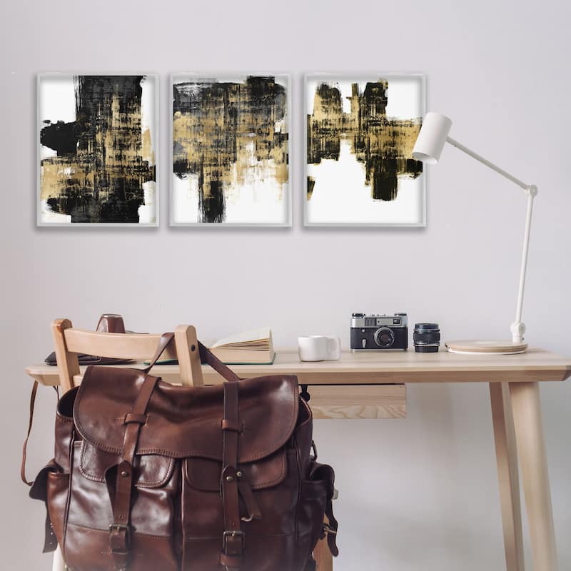 Stupell Bold Black Brushstrokes Golden Distressed Accent, 3pc Multi Piece Framed Wall Art Set