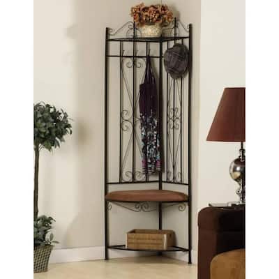 Black Metal Scrolling Corner Hall Tree Coat Rack Storage Bench - Multi