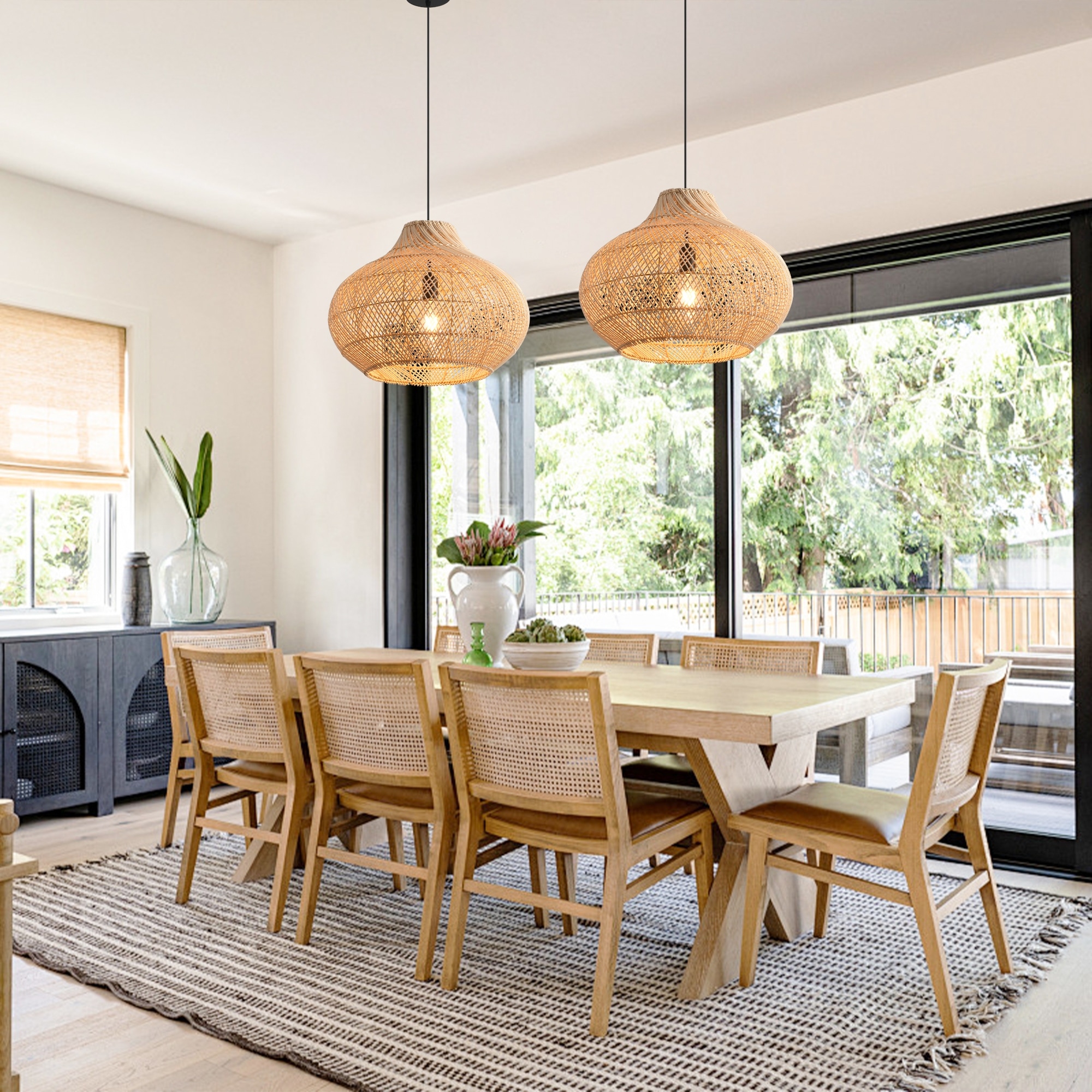 14" Coastal Natural Rattan Woven Round Pendant Light Chandelier