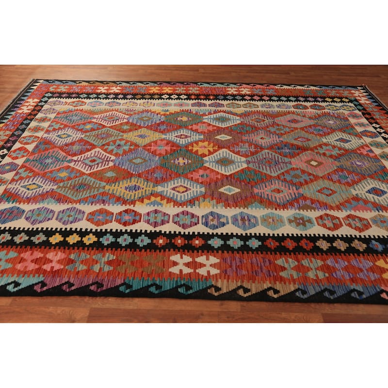 Kilim Oriental Area Rug Hand-Woven Orange Reversible Wool Carpet - 8'0"x 11'2"