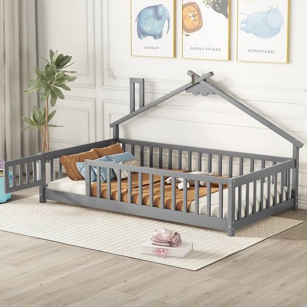 slide 2 of 11, Grey Twin Size Pine Wood House-Shaped Bedside Floor Bed with Guardrails, Slats, with Door Grey