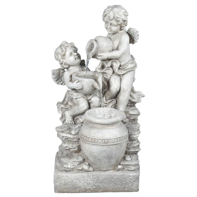 Grey Resin Cherub Angel Outdoor Fountain with LED Light