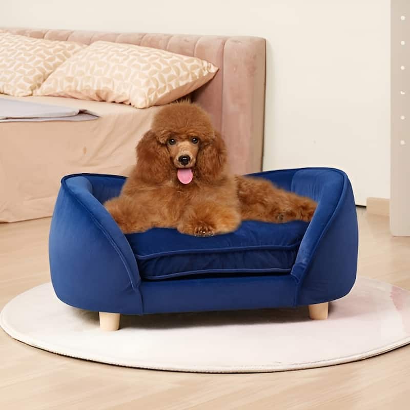 Blue Velvet Pet Sofa Dog Couch Ideal for Medium-Sized Dogs and Cats Suitable for Any Room - 28” x 20” x 12”