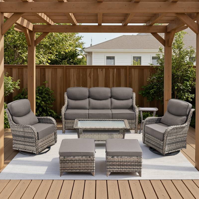 Meyreso 7-Piece Wicker Patio Conversation Set with Swivel Gliders and 6-Inch Thick Cushions - Gray/Gray - 7-Piece