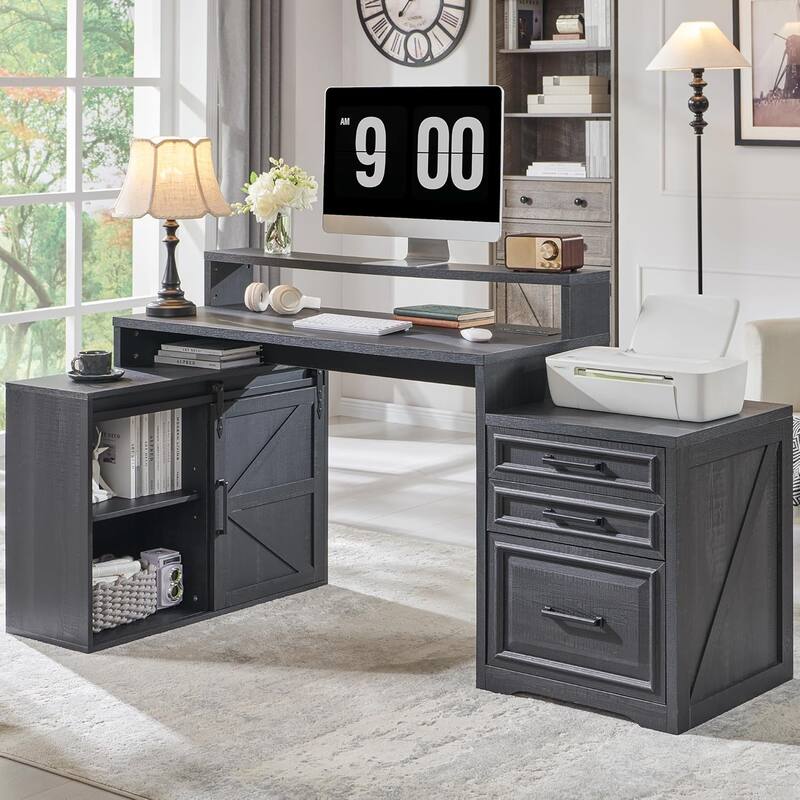 Modern Farmhouse Home Office Desk, Computer Desk with File Cabinet - Black