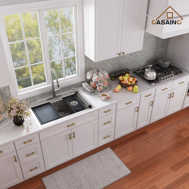 Handmade All-in-One Drop-In 2-hole Single Bowl Stainless Steel Workstation Kitchen Sink with Spring Neck Faucet and Accessories