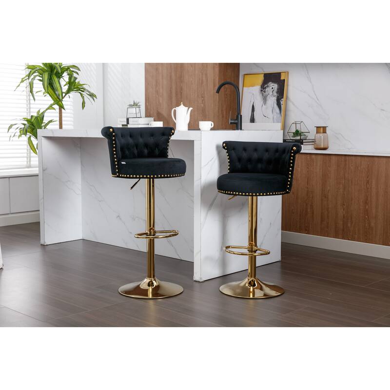 Velvet Upholstered Tufted Nailheads Swivel Adjustable Height Bar Stools With Golden Footrest(set of 2) - Black