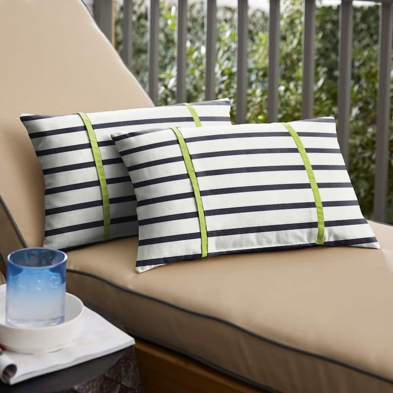 Sunbrella Indigo Stripe with Macaw Green Piping Indoor/Outdoor Lumbar Pillow (Set of 2)