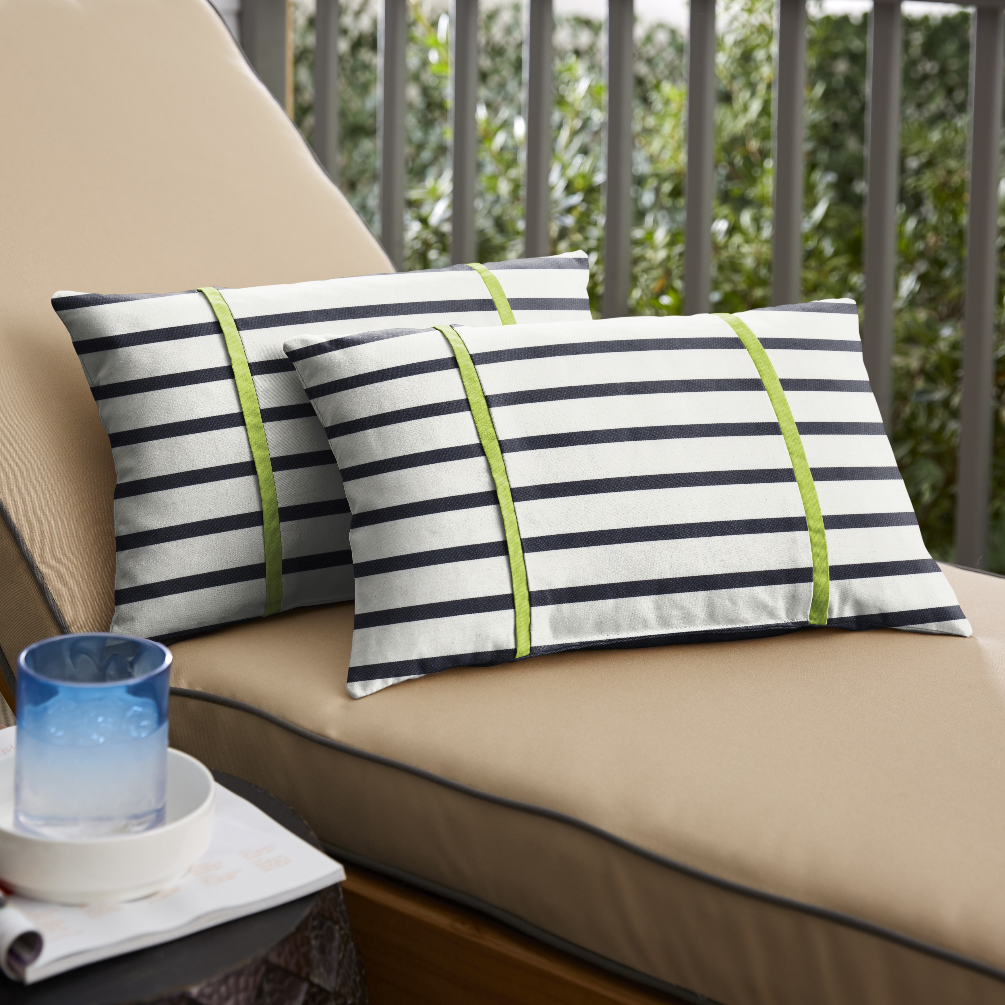 Sunbrella Indigo Stripe with Macaw Green Piping Indoor/Outdoor Lumbar Pillow (Set of 2)