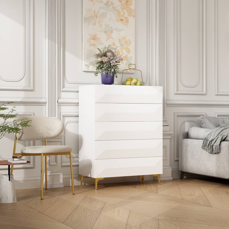 Asymmetrical Drawer Highboy - Chic White Storage Chest with Gold Legs