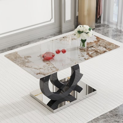 Roomfitters Rectangular Dining Table for 6-8 with Patterned MDF Top and OC Metal Frame for Home or Office, White+Black
