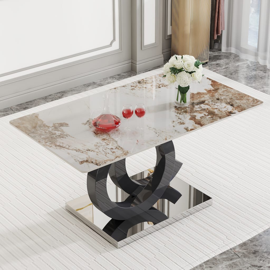 Roomfitters Rectangular Dining Table for 6-8 with Patterned MDF Top and OC Metal Frame for Home or Office, White+Black