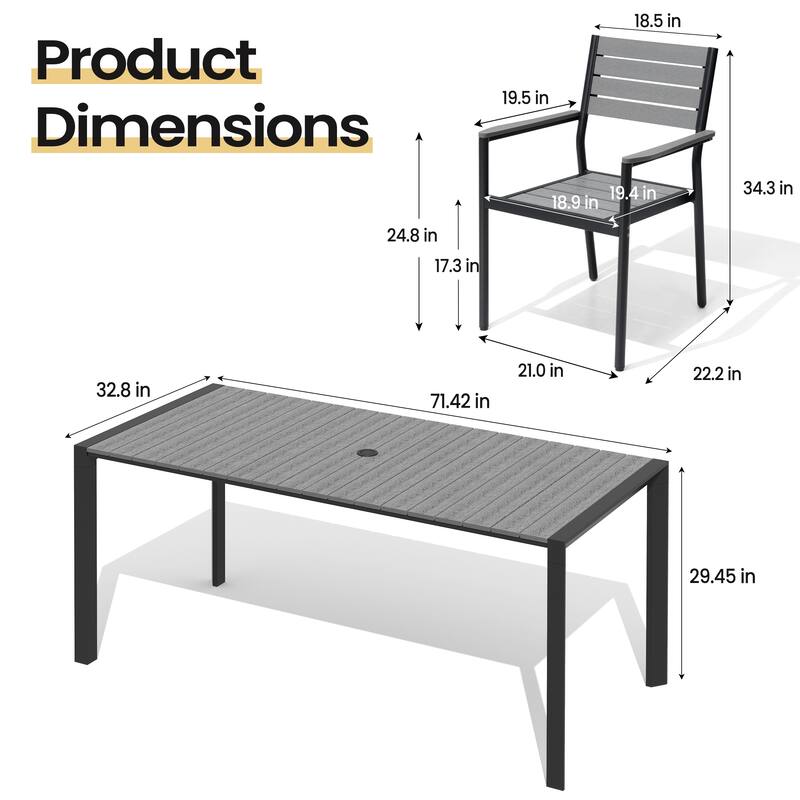 Set of 7 Outdoor Patio Dining Set WoodLike Table Top Aluminum Rectangular Umbrella Hole Table with Stackable Dining Chairs