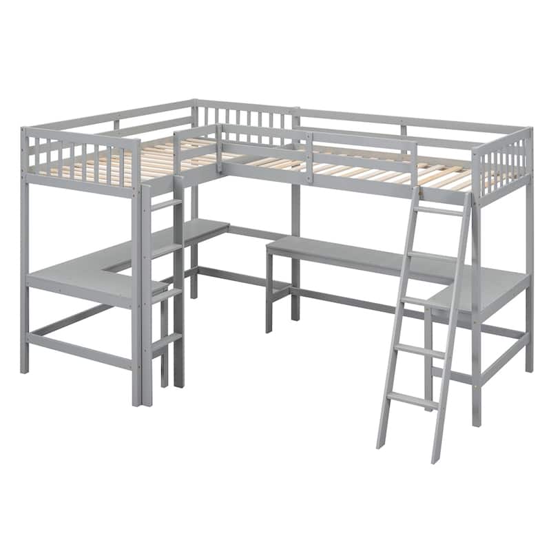 Twin Size Wood L-Shaped Loft Bed with Ladder and 2 Built-in Desks