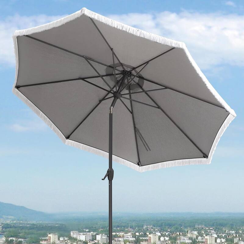PURPLE LEAF 9 ft Patio Umbrella Outdoor Table Fringe Tassel Umbrellas with Tilt Button - Light Grey