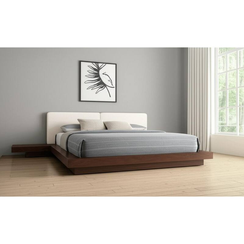 HomeRoots Walnut and White Wood And Faux Leather Queen Bed Frame With Attached Nightstands - Queen