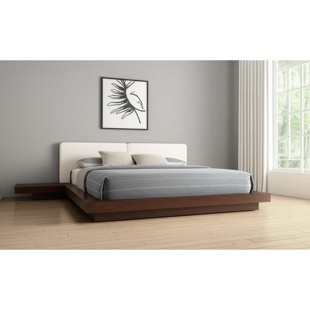 HomeRoots Walnut and White Wood And Faux Leather Queen Bed Frame With Attached Nightstands