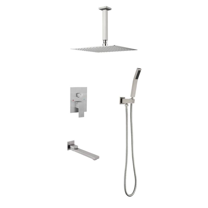 Topcraft 16-inch Complete Shower System with Tub Filler and Hand Shower - Brushed Nickel