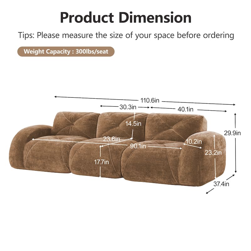 Roomfitters 114 Inch Modular Floor Sofa, Fluffy Plush Sectional with Ottoman, Chocolate