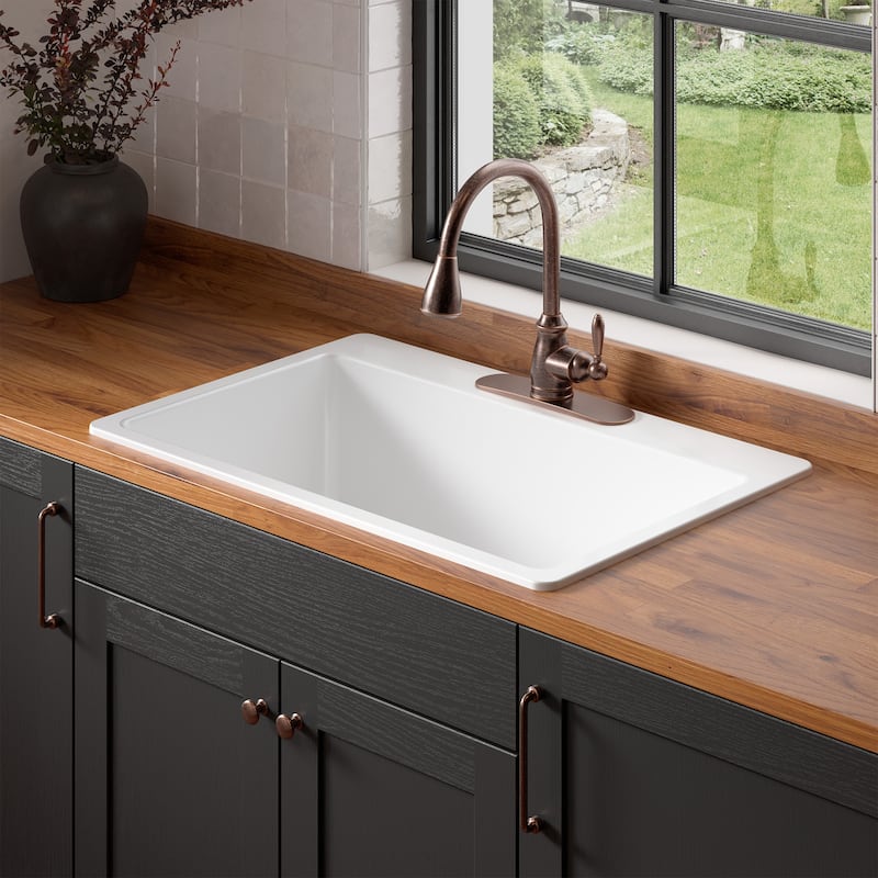 Jackson Crisp White Fireclay 33" Single Bowl Drop-In Kitchen Sink with 3 Holes