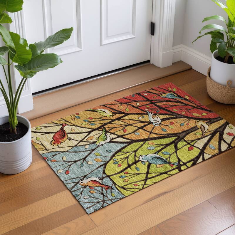 Machine Washable Indoor/ Outdoor Bird Mosaic Chantille Rug