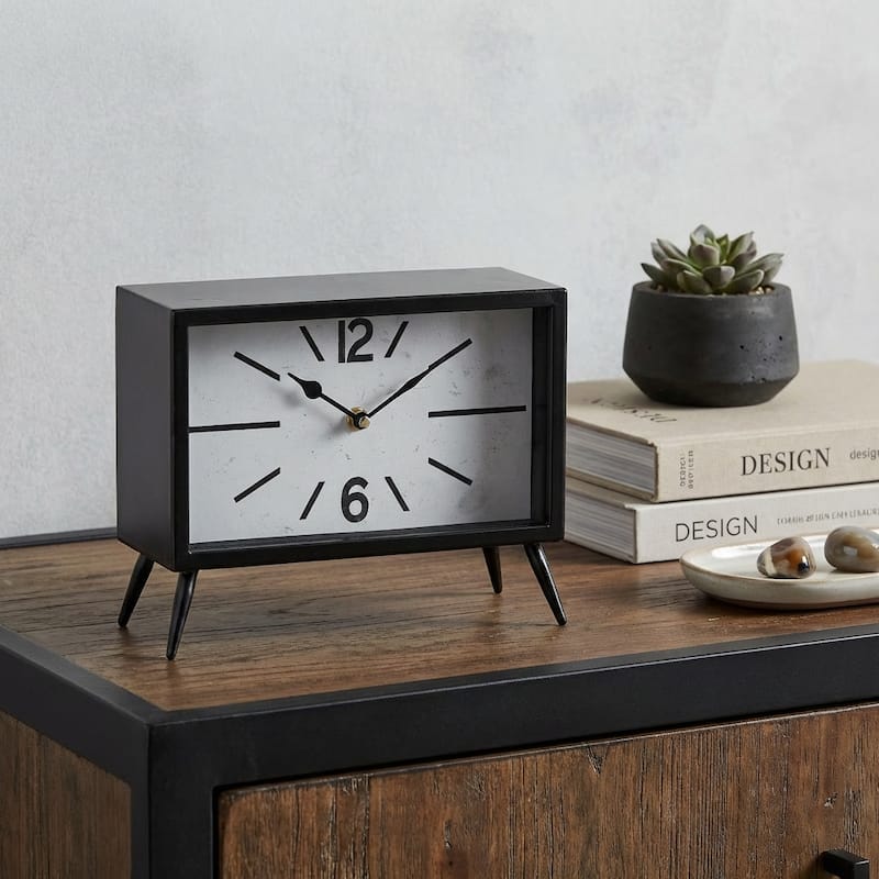 HomeRoots 11" Black And White Metal Table Clock - 6.00 in. x 11.00 in. x 8.50 in.