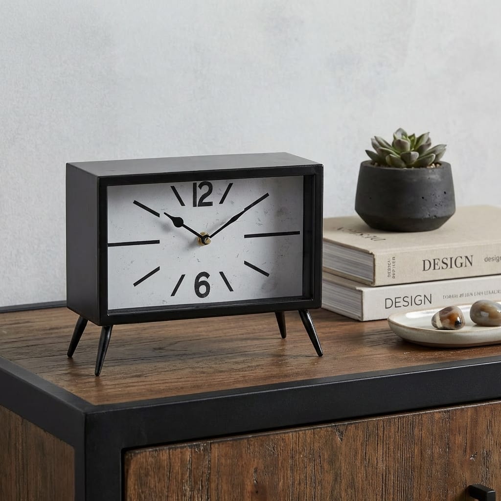 HomeRoots 11" Black And White Metal Table Clock - 6.00 in. x 11.00 in. x 8.50 in.