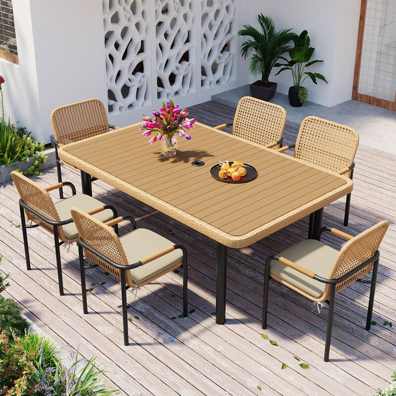 7 Pieces Patio Dining Set, Outdoor Wicker Furniture Set wPlastic-Wood Table Top Rectangular Dining Table & Umbrella Hole - Oatmeal