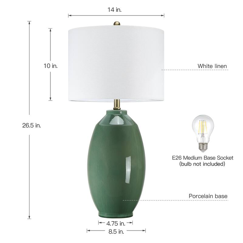 Celadon 3-Way Ceramic Table Lamp with White Drum Shade - 26.5 in. H
