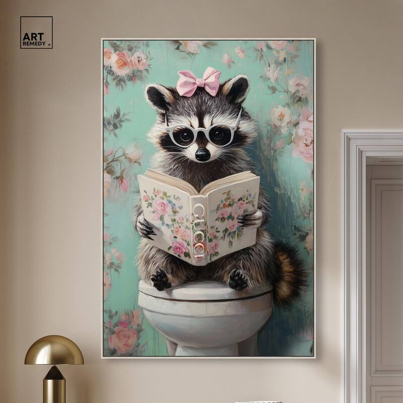 Petite Floral Toilet Raccoon Canvas by Art Remedy