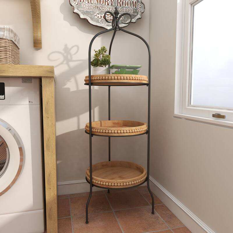 Brown Metal Arched Beaded 3 Shelves Shelving Unit with Scroll Top
