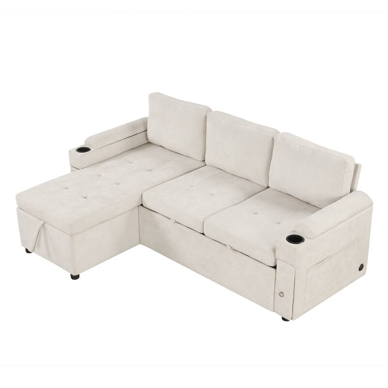 L-Shaped Convertible Sofa Bed with Reversible Chaise Lounge, Chenille Fabric Sectional Sofa with 2 Cup Holders & 2 USB Ports