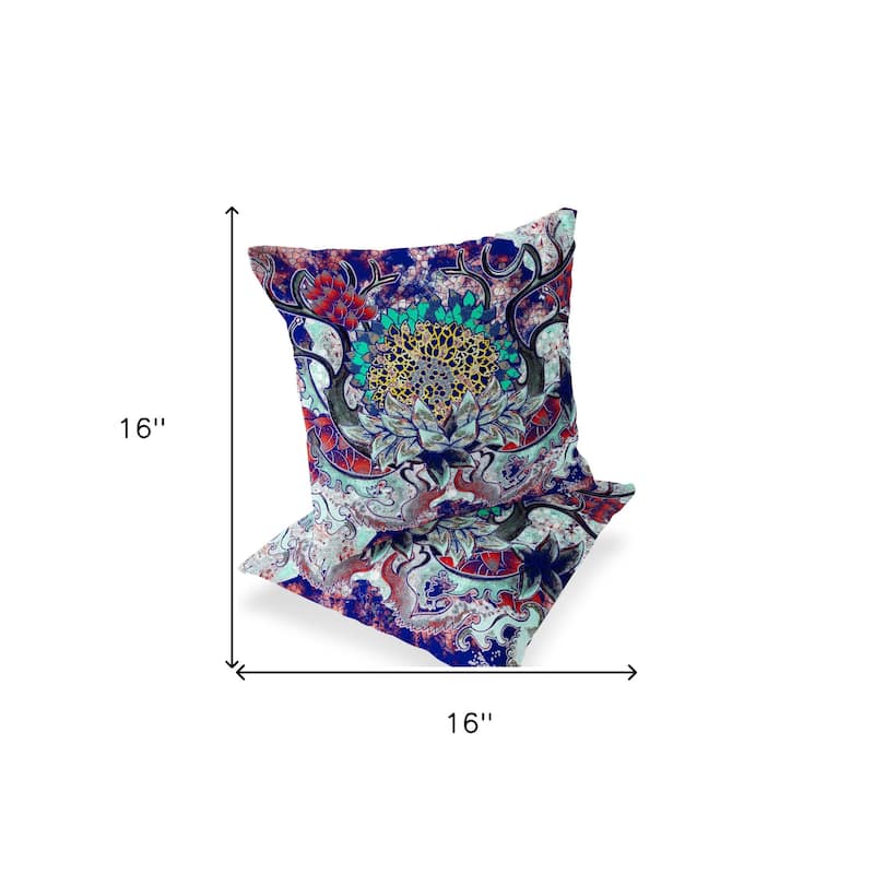 HomeRoots Set of Two 16" X 16" Blue and Green Blown Seam Floral Indoor Outdoor Throw Pillow - 16.00' X '16.00' X '5.00
