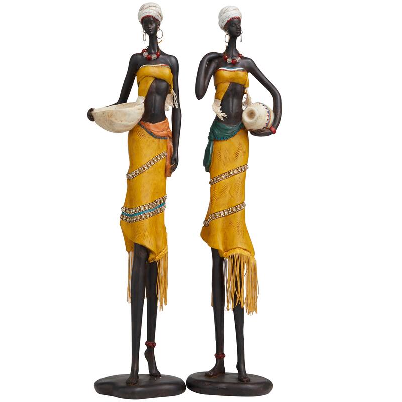 Yellow Polystone Handmade African Woman People Decorative Sculpture with Water Jugs and Jeweled Details (Set of 2)