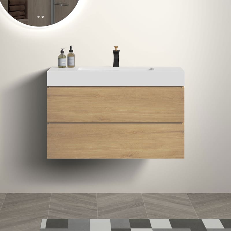 GDFStudio - Naomi Modern Floating Bathroom Vanity with Silent Drawers and Pre-Assembled One-Piece Sink - OAK - 36"