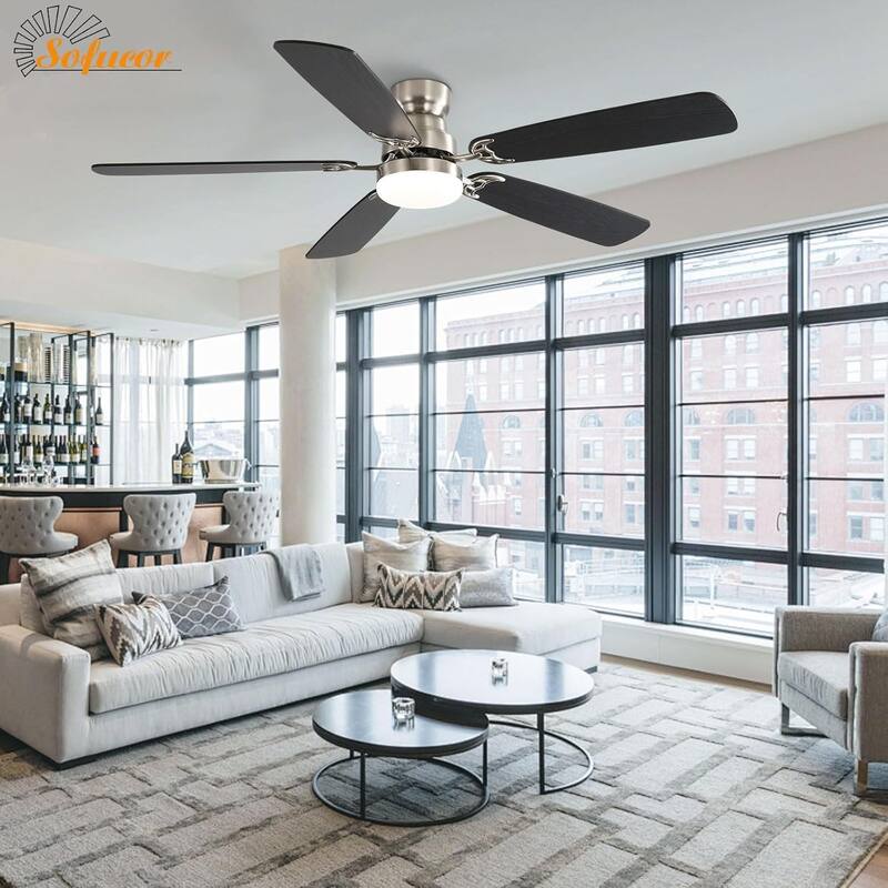 52 Inch Flush Mount & Downrod Ceiling Fan With Light and Remote Modern Ceiling Fan Bedroom - N/A