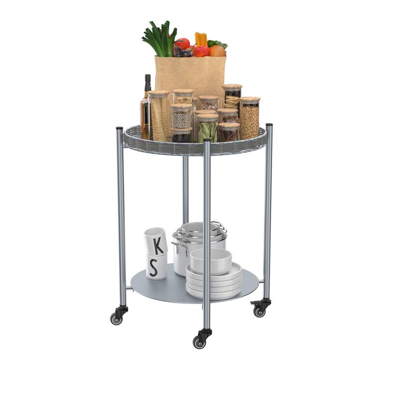 Round Coffee Table with Wheels 2-Tier Movable Silver Metal Bedside Nightstand Sofa Side Table