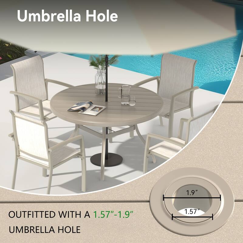 Outdoor Round Patio Dining Table for 4-6, All Weather Metal Dining Table with Umbrella Hole